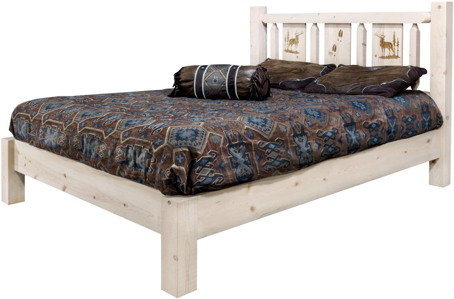 Montana Woodworks Homestead Collection Twin Platform Bed with Laser Engraved Design - Clear Lacquer Finish-Rustic Furniture Marketplace