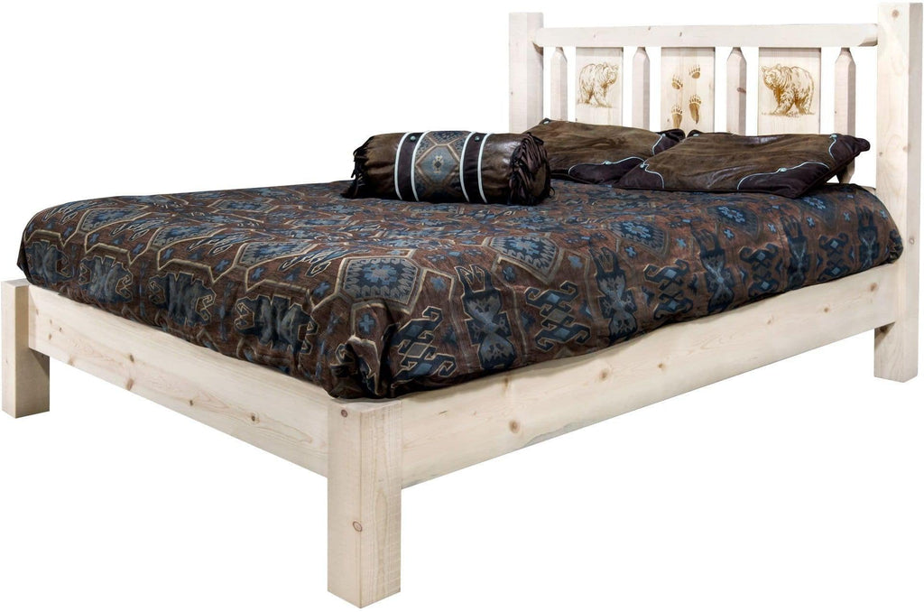 Montana Woodworks Homestead Collection Twin Platform Bed with Laser Engraved Design - Clear Lacquer Finish-Rustic Furniture Marketplace