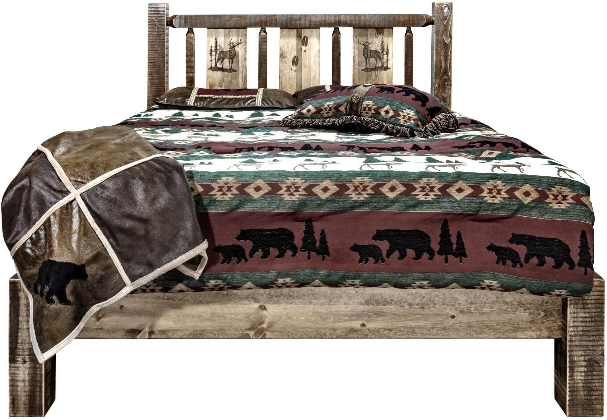 Montana Woodworks Homestead Collection Twin Platform Bed with Laser Engraved Design - Stained & Lacquered-Rustic Furniture Marketplace