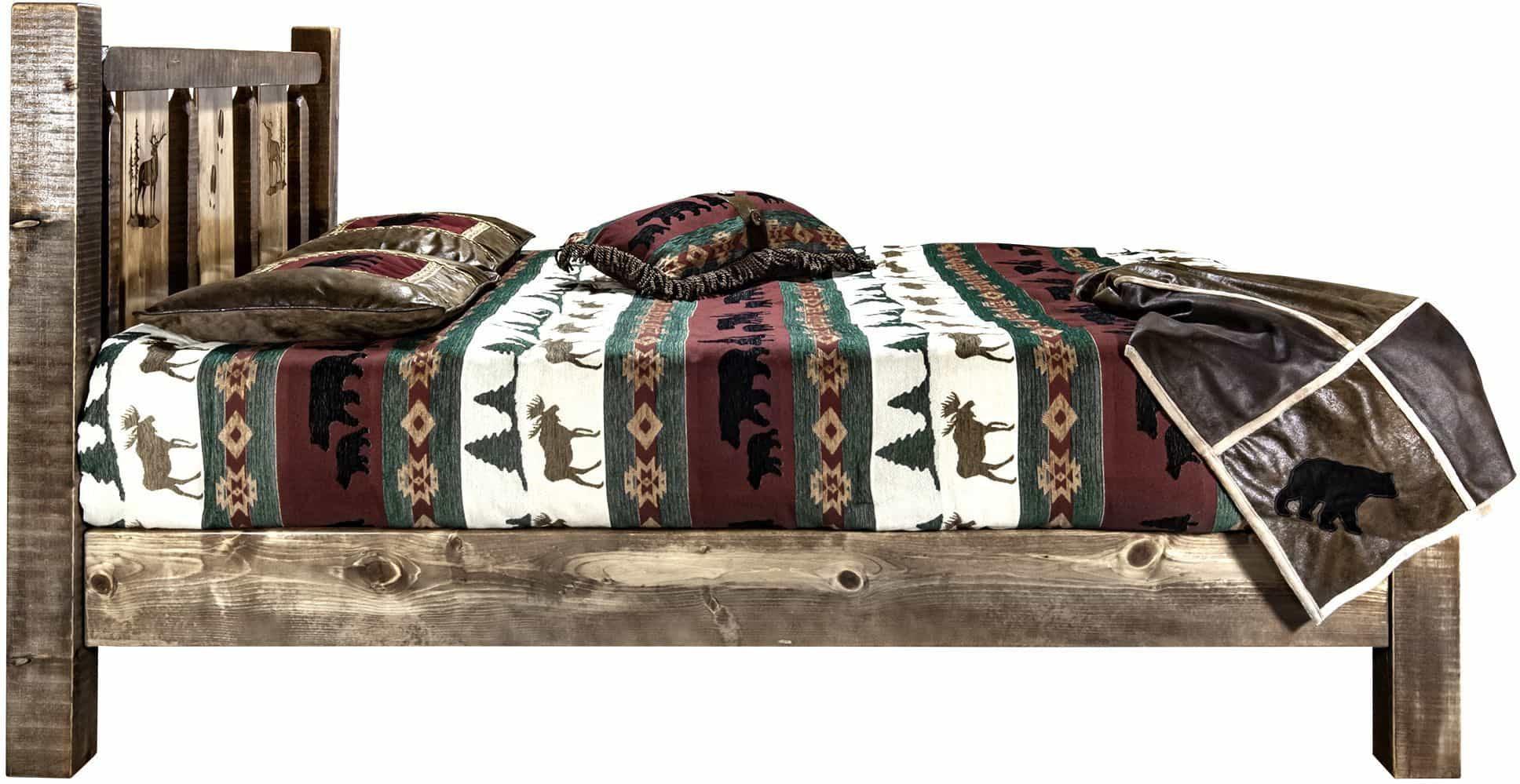 Montana Woodworks Homestead Collection Twin Platform Bed with Laser Engraved Design - Stained & Lacquered-Rustic Furniture Marketplace