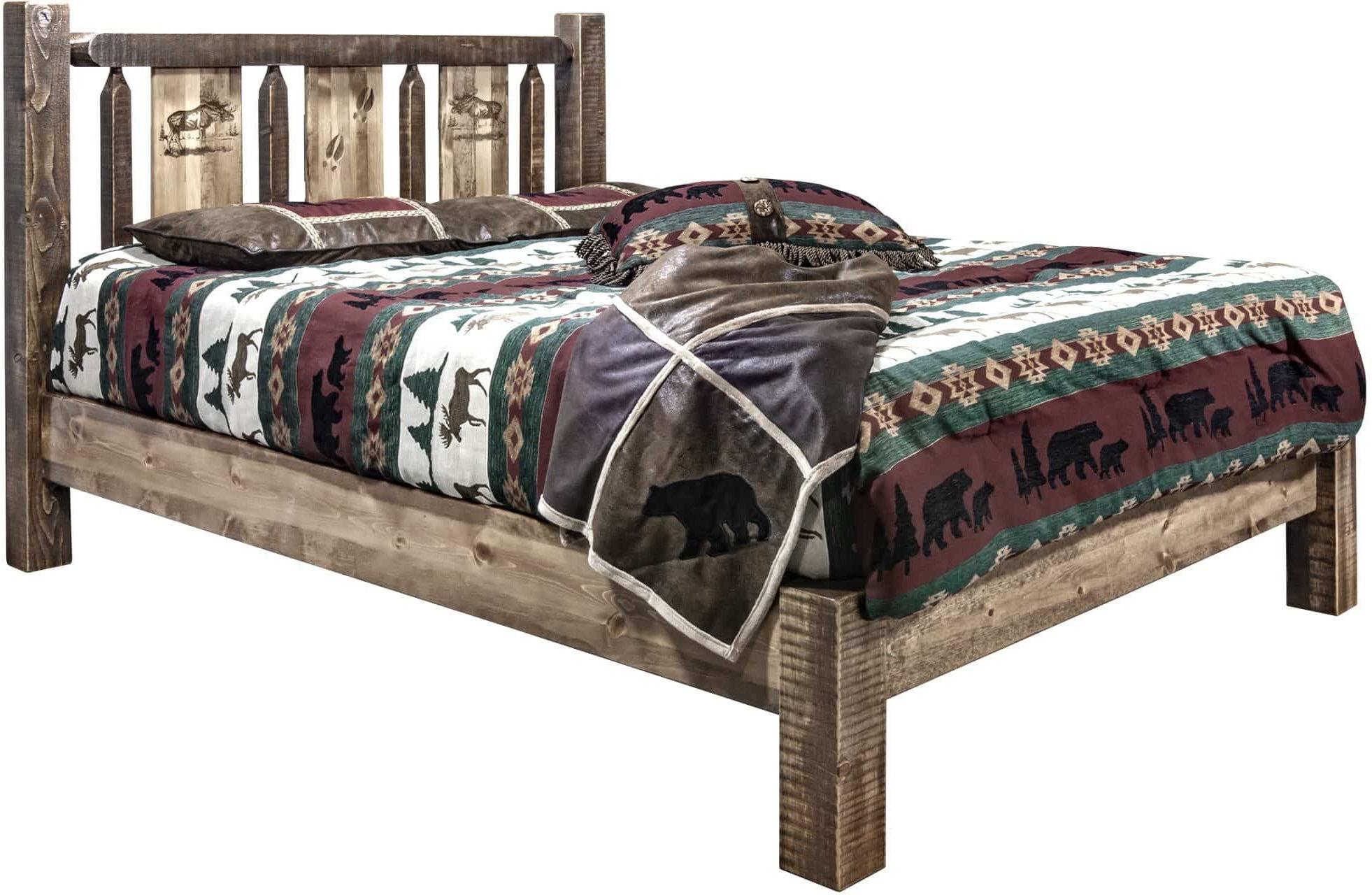 Montana Woodworks Homestead Collection Twin Platform Bed with Laser Engraved Design - Stained & Lacquered-Rustic Furniture Marketplace