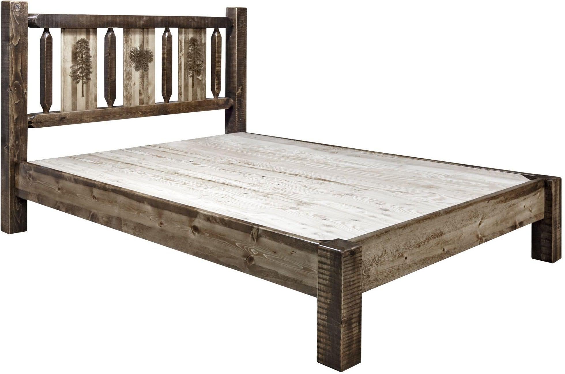 Montana Woodworks Homestead Collection Twin Platform Bed with Laser Engraved Design - Stained & Lacquered-Rustic Furniture Marketplace