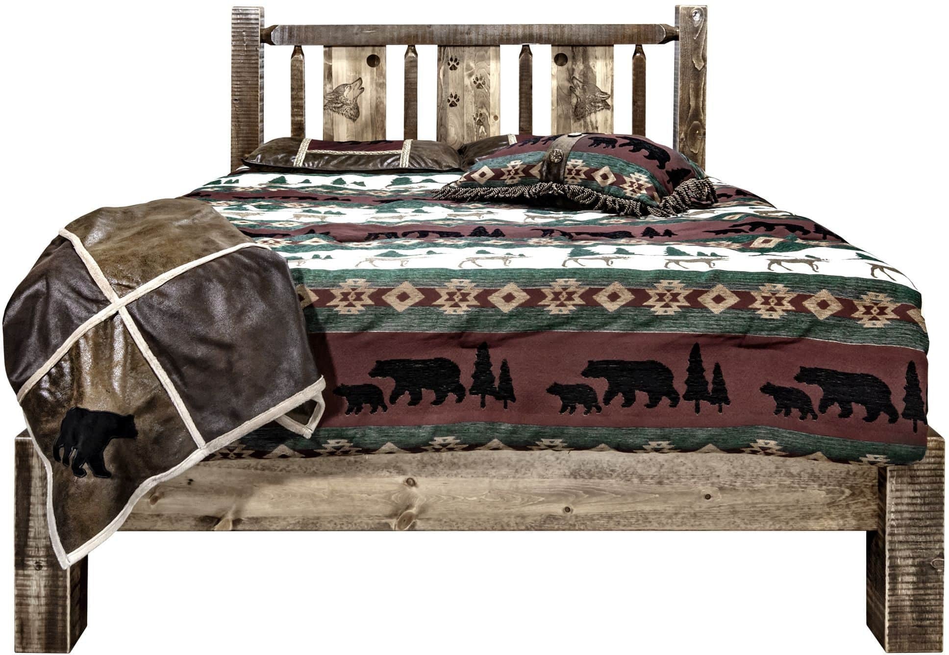 Montana Woodworks Homestead Collection Twin Platform Bed with Laser Engraved Design - Stained & Lacquered-Rustic Furniture Marketplace