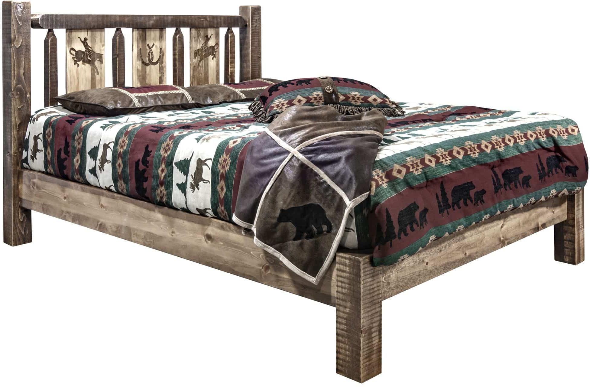 Montana Woodworks Homestead Collection Twin Platform Bed with Laser Engraved Design - Stained & Lacquered-Rustic Furniture Marketplace