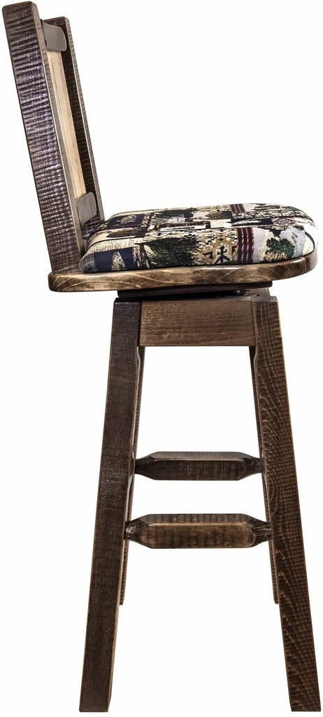Montana Woodworks Homestead Collection Woodland Pattern Upholstery Barstool with Back & Swivel and Laser Engraved Design - Stain & Lacquer Finish-Rustic Furniture Marketplace