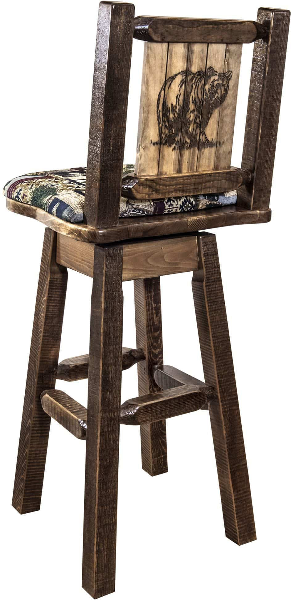 Montana Woodworks Homestead Collection Woodland Pattern Upholstery Barstool with Back & Swivel and Laser Engraved Design - Stain & Lacquer Finish-Rustic Furniture Marketplace
