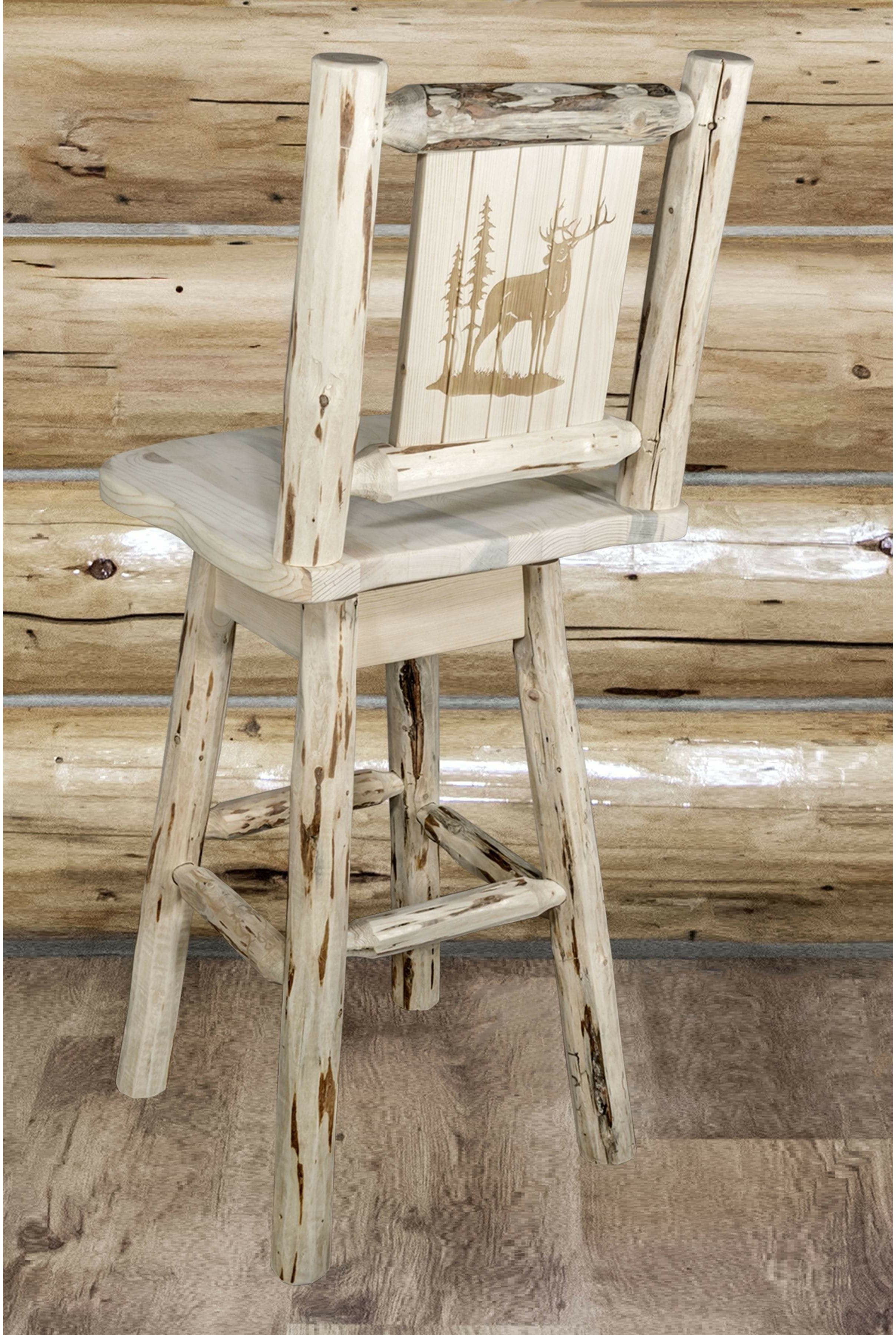 Montana Woodworks Montana Collection Barstool with Back & Swivel and Laser Engraved Design - Clear Lacquer Finish-Rustic Furniture Marketplace