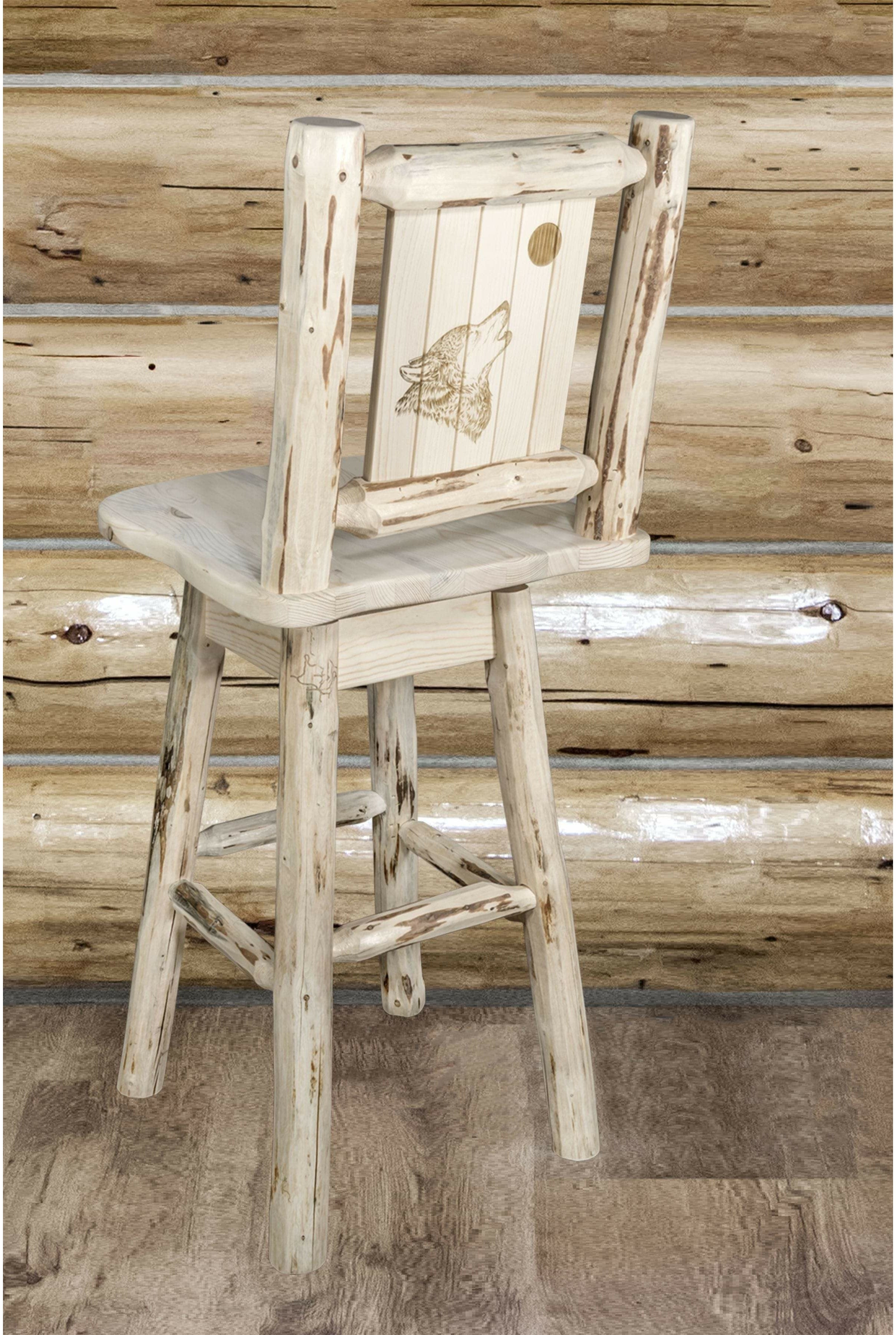 Montana Woodworks Montana Collection Barstool with Back & Swivel and Laser Engraved Design - Clear Lacquer Finish-Rustic Furniture Marketplace