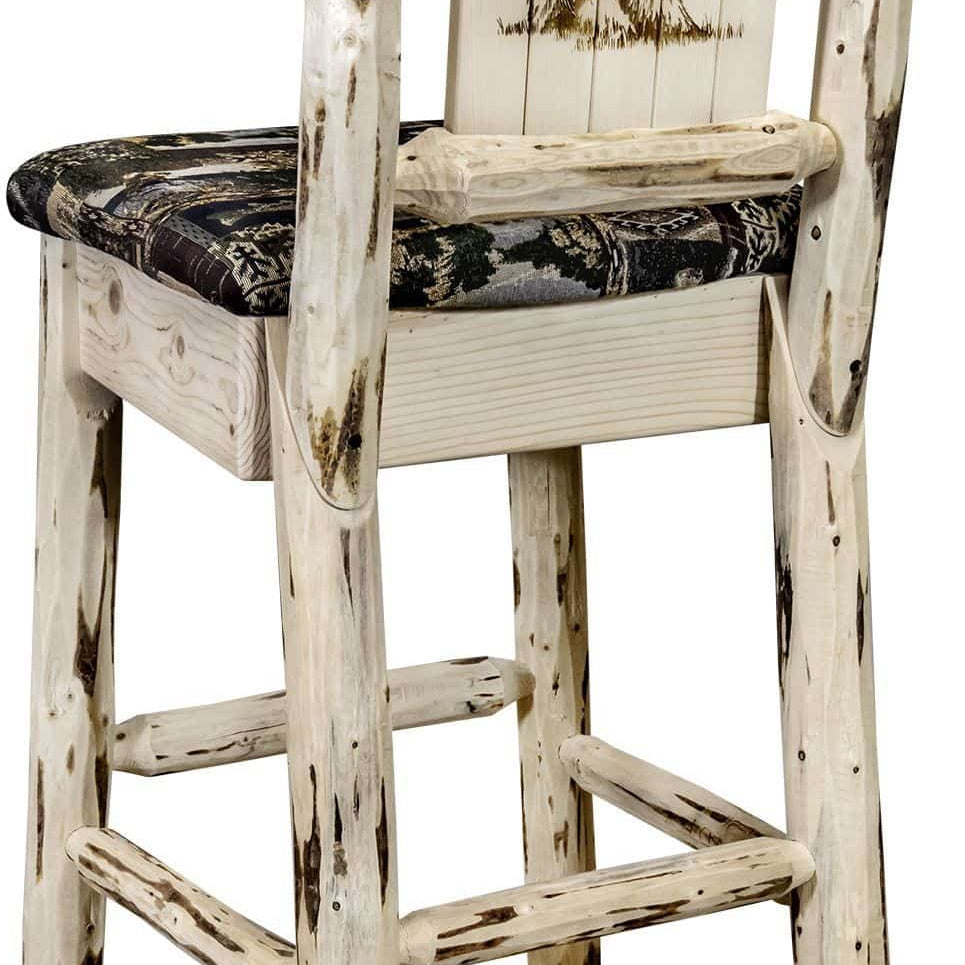 Montana Woodworks Montana Collection Barstool Woodland Upholstery with Laser Engraved Design - Clear Lacquer Finish-Rustic Furniture Marketplace