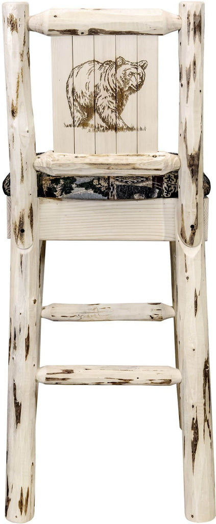 Montana Woodworks Montana Collection Barstool Woodland Upholstery with Laser Engraved Design - Clear Lacquer Finish-Rustic Furniture Marketplace