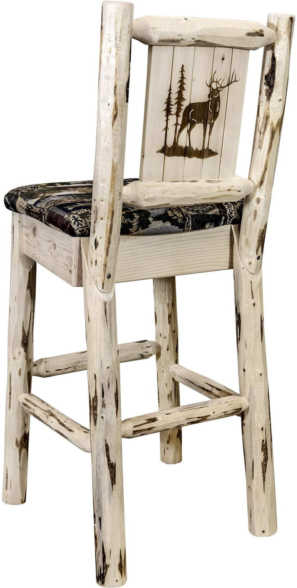 Montana Woodworks Montana Collection Barstool Woodland Upholstery with Laser Engraved Design - Clear Lacquer Finish-Rustic Furniture Marketplace