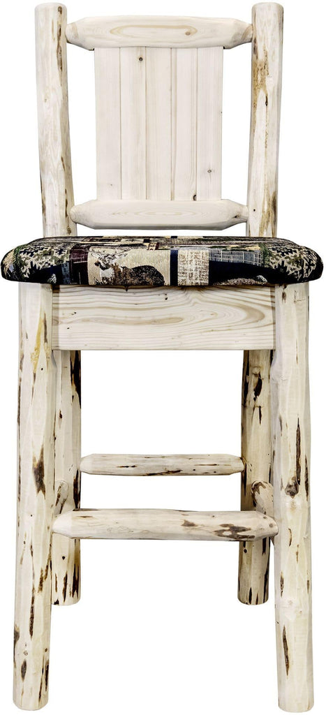 Montana Woodworks Montana Collection Barstool Woodland Upholstery with Laser Engraved Design - Clear Lacquer Finish-Rustic Furniture Marketplace