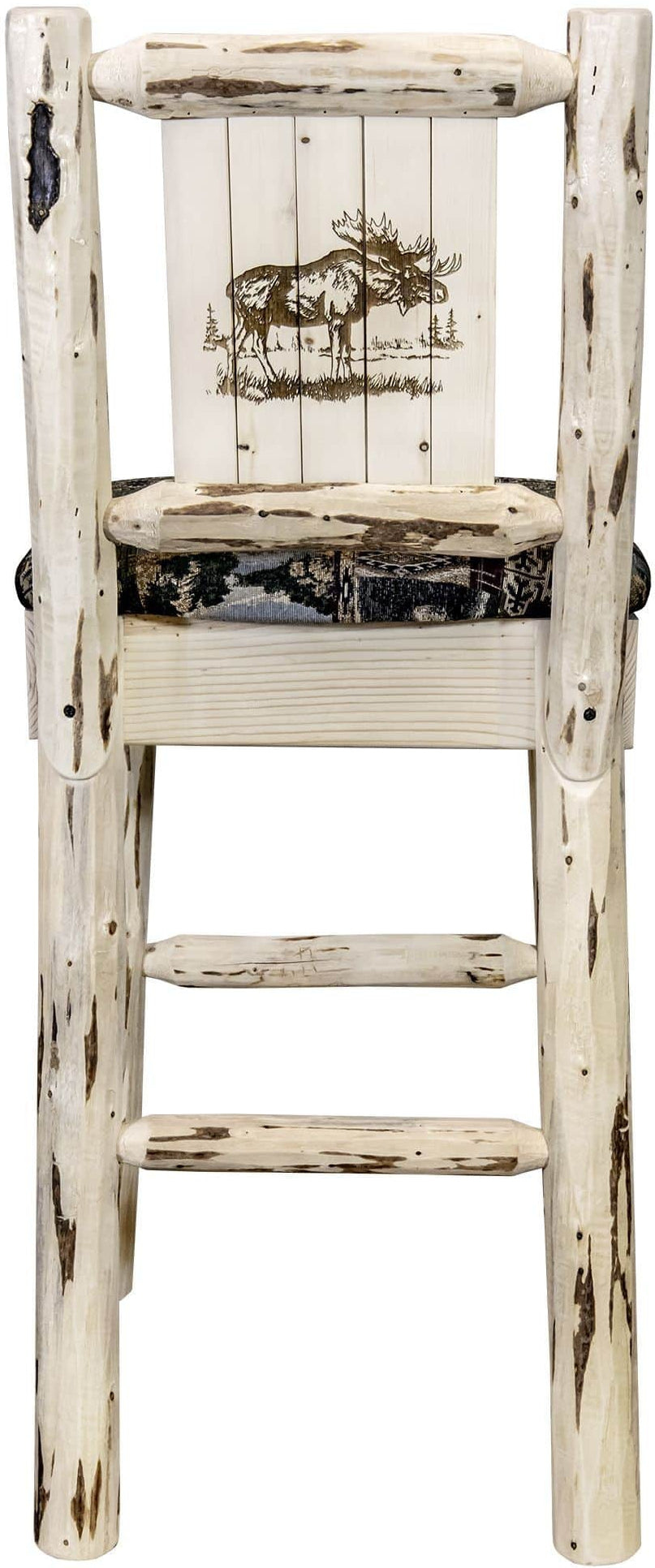 Montana Woodworks Montana Collection Barstool Woodland Upholstery with Laser Engraved Design - Clear Lacquer Finish-Rustic Furniture Marketplace