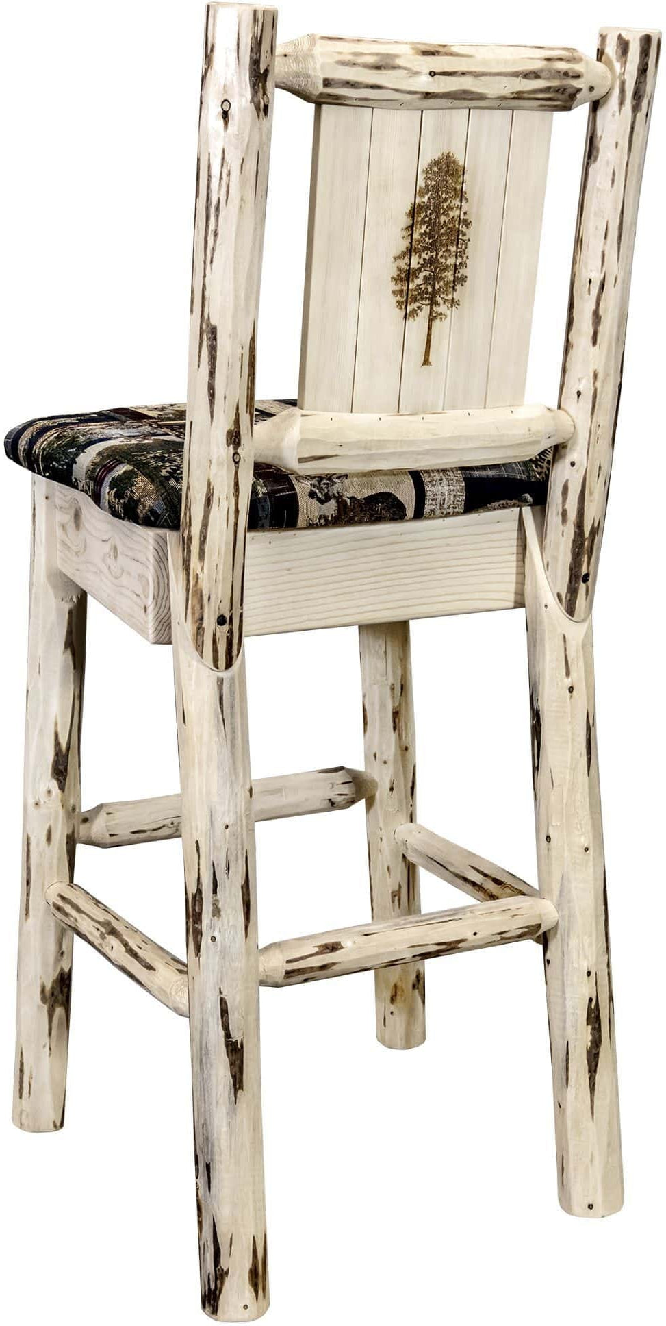 Montana Woodworks Montana Collection Barstool Woodland Upholstery with Laser Engraved Design - Clear Lacquer Finish-Rustic Furniture Marketplace