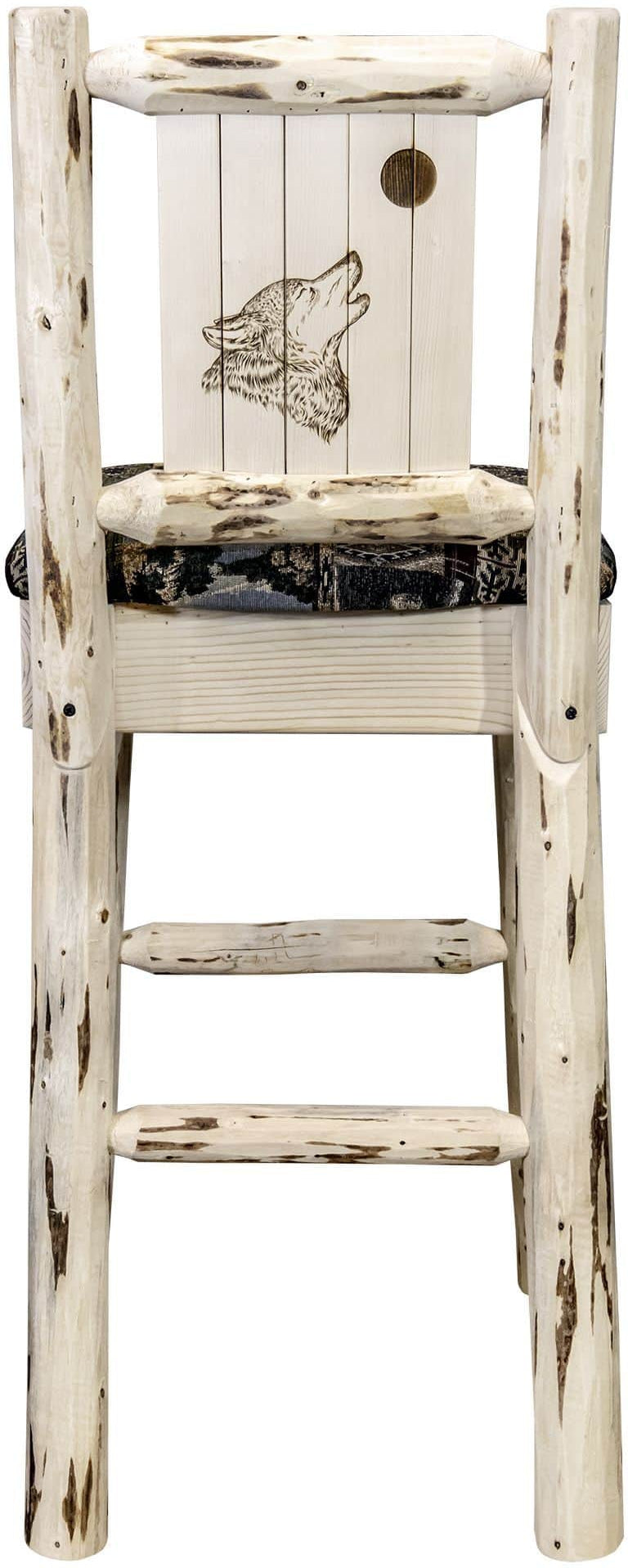 Montana Woodworks Montana Collection Barstool Woodland Upholstery with Laser Engraved Design - Clear Lacquer Finish-Rustic Furniture Marketplace