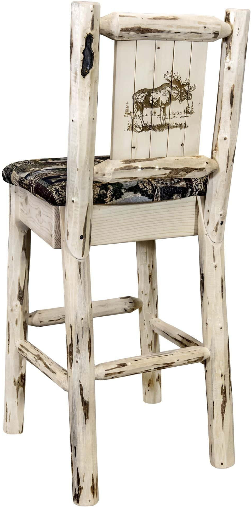 Montana Woodworks Montana Collection Barstool Woodland Upholstery with Laser Engraved Design - Clear Lacquer Finish-Rustic Furniture Marketplace