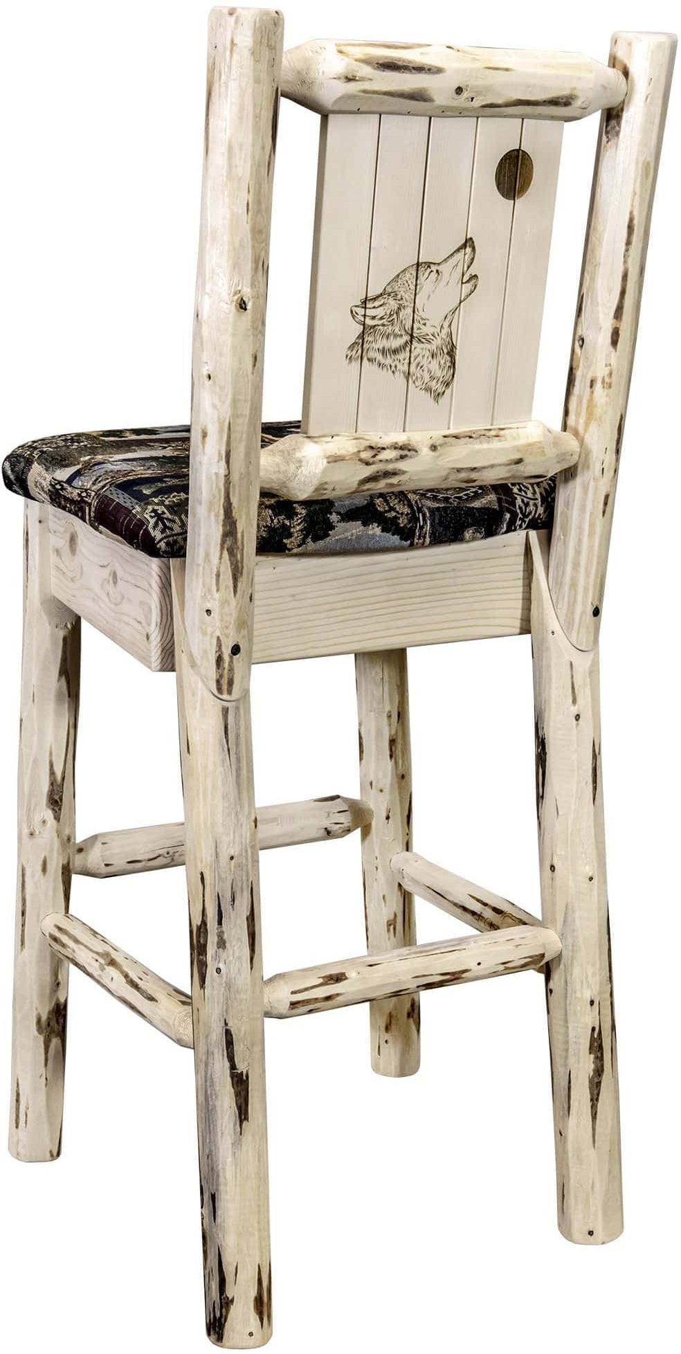 Montana Woodworks Montana Collection Barstool Woodland Upholstery with Laser Engraved Design - Clear Lacquer Finish-Rustic Furniture Marketplace