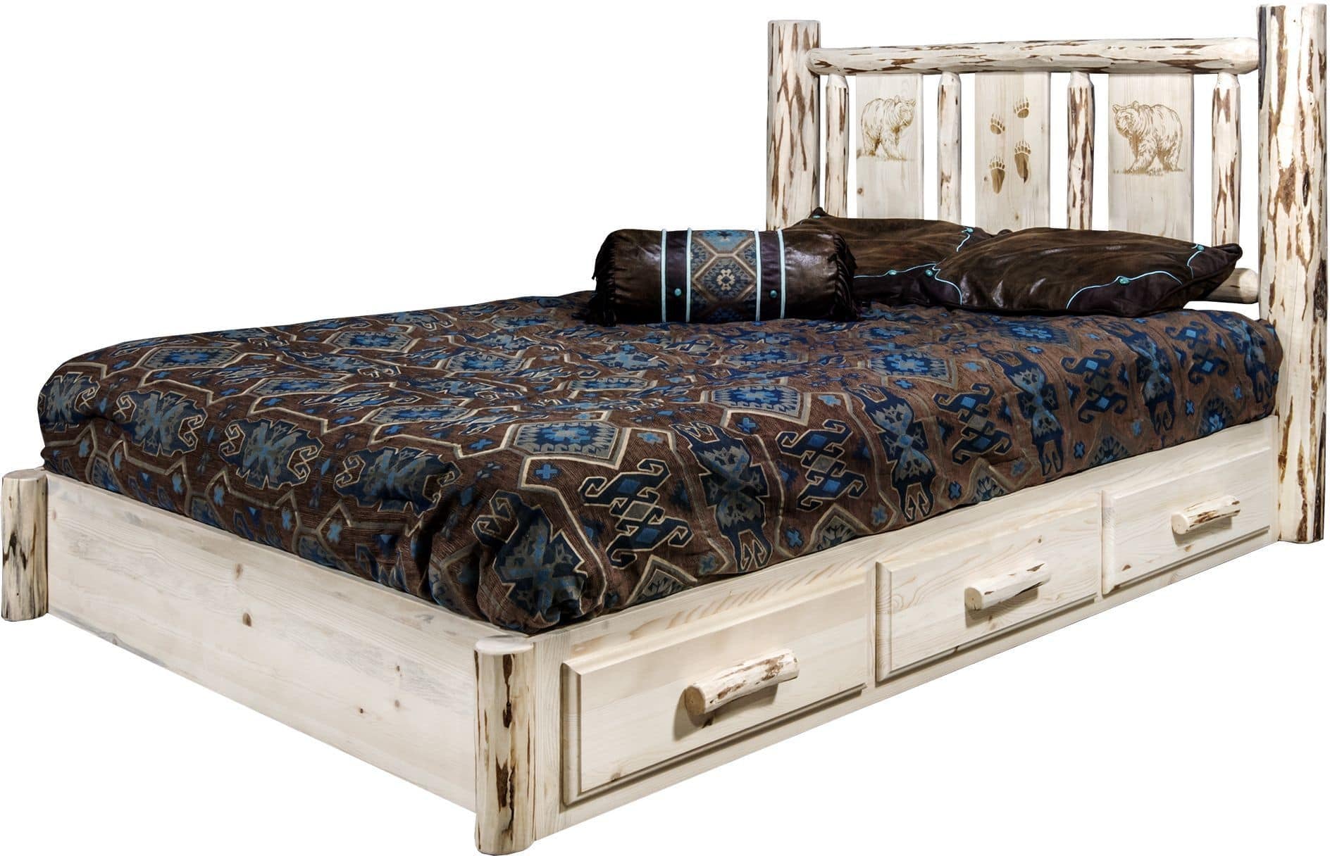 Montana Woodworks Montana Collection Full Storage Platform Bed with Laser Engraved Design - Clear Lacquer Finish-Rustic Furniture Marketplace