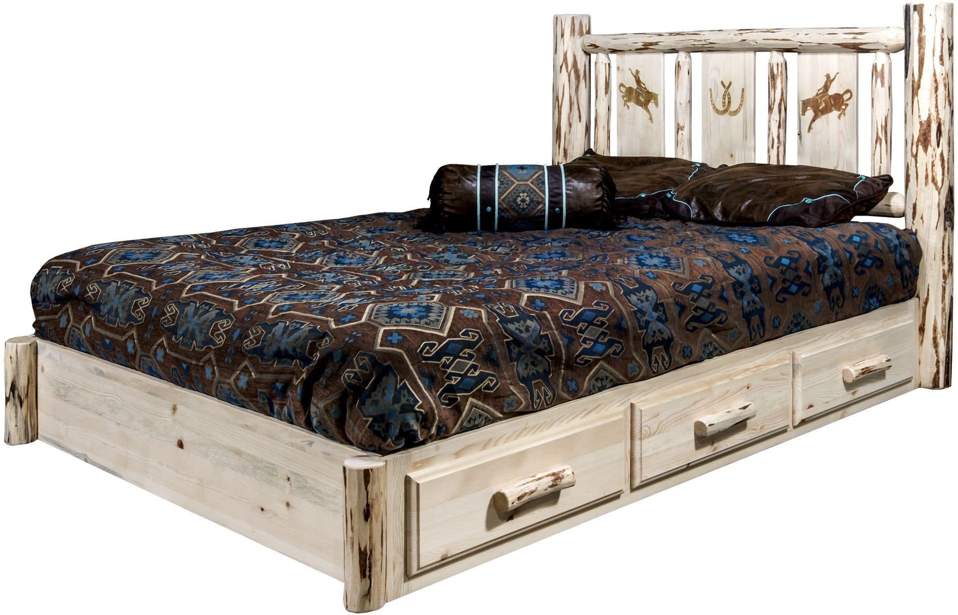 Montana Woodworks Montana Collection Full Storage Platform Bed with Laser Engraved Design - Clear Lacquer Finish-Rustic Furniture Marketplace