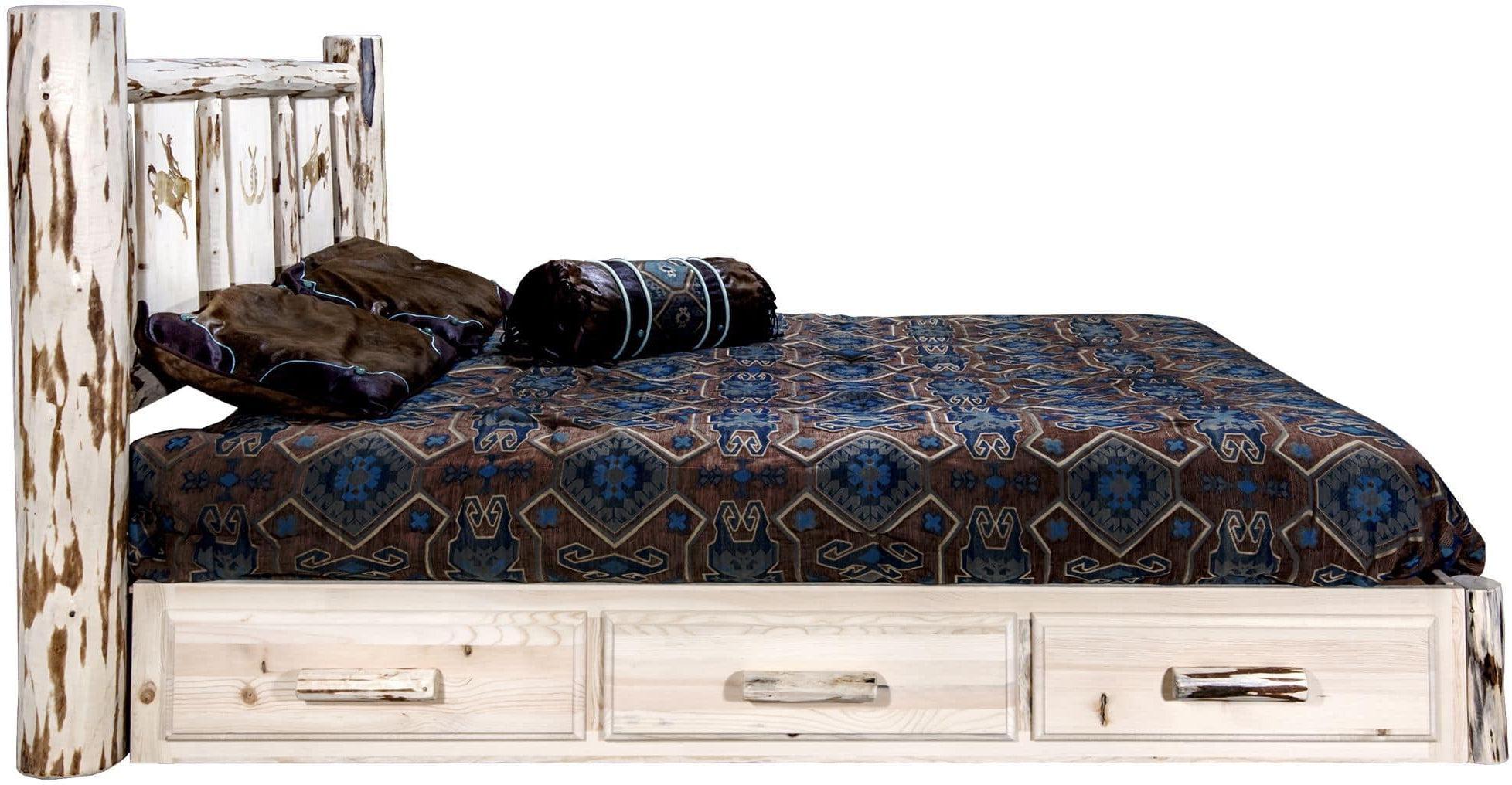 Montana Woodworks Montana Collection Full Storage Platform Bed with Laser Engraved Design - Clear Lacquer Finish-Rustic Furniture Marketplace