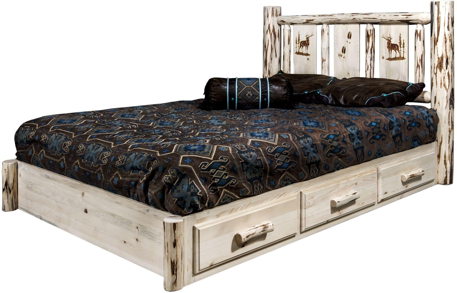 Montana Woodworks Montana Collection Full Storage Platform Bed with Laser Engraved Design - Clear Lacquer Finish-Rustic Furniture Marketplace