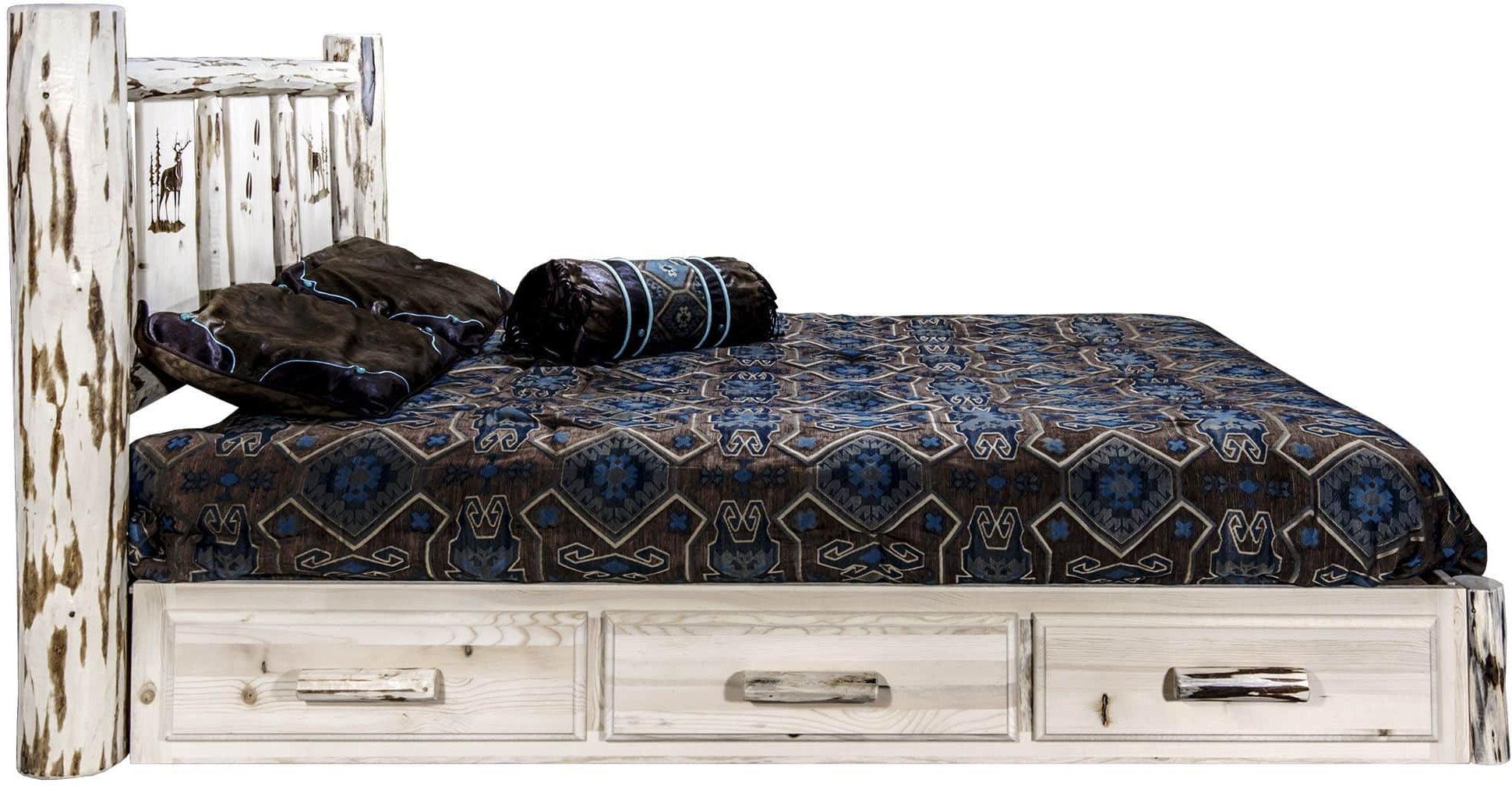 Montana Woodworks Montana Collection Full Storage Platform Bed with Laser Engraved Design - Clear Lacquer Finish-Rustic Furniture Marketplace