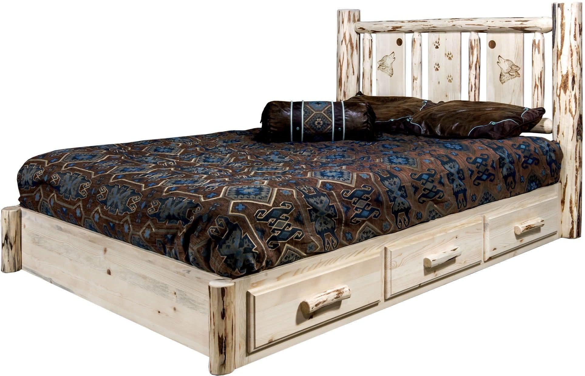 Montana Woodworks Montana Collection Full Storage Platform Bed with Laser Engraved Design - Clear Lacquer Finish-Rustic Furniture Marketplace