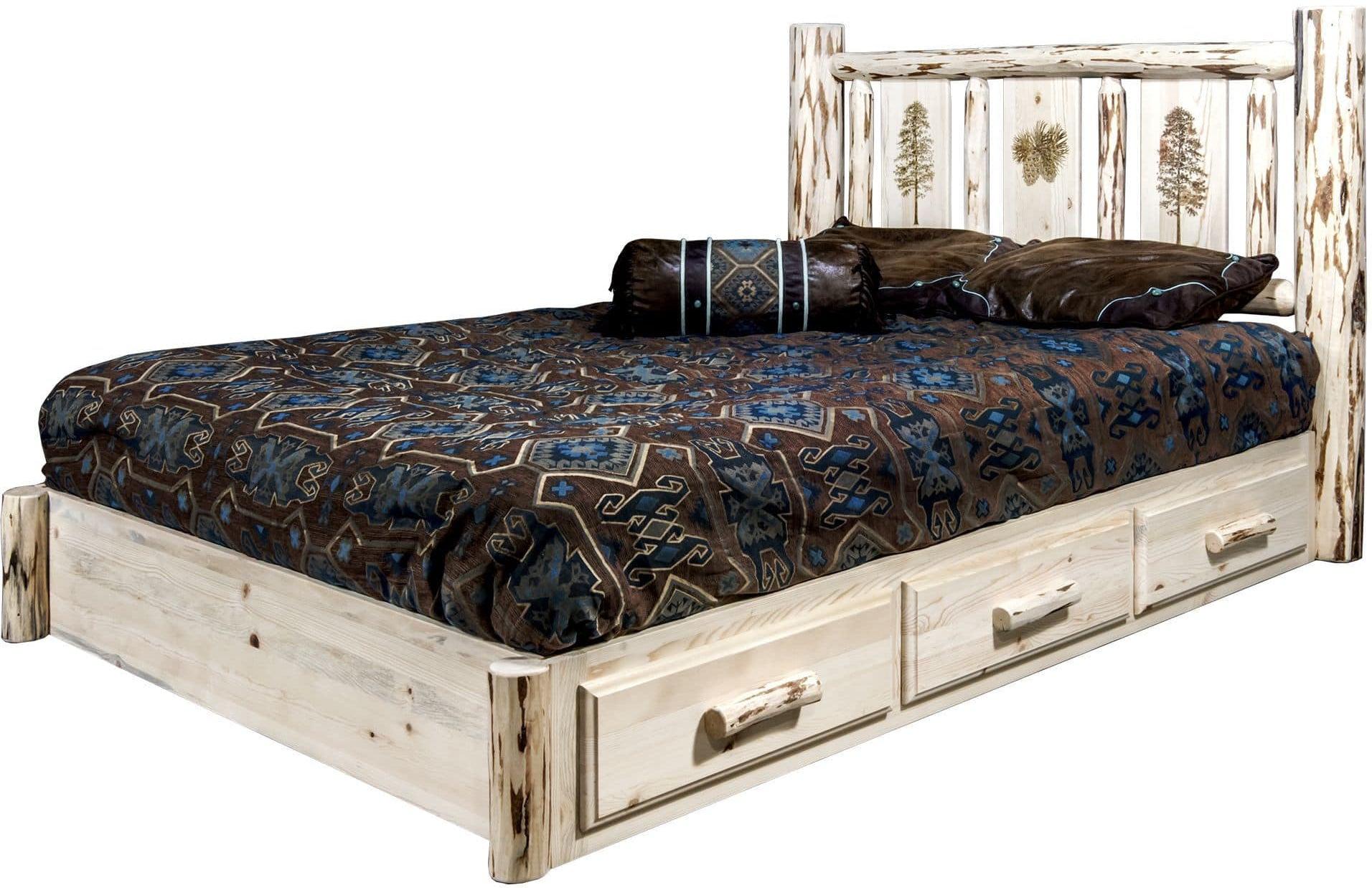 Montana Woodworks Montana Collection Full Storage Platform Bed with Laser Engraved Design - Clear Lacquer Finish-Rustic Furniture Marketplace