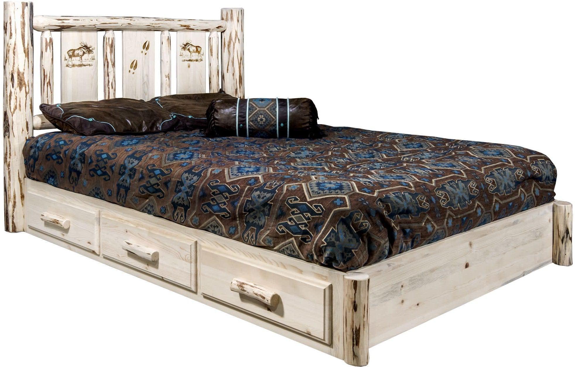 Montana Woodworks Montana Collection Full Storage Platform Bed with Laser Engraved Design - Clear Lacquer Finish-Rustic Furniture Marketplace