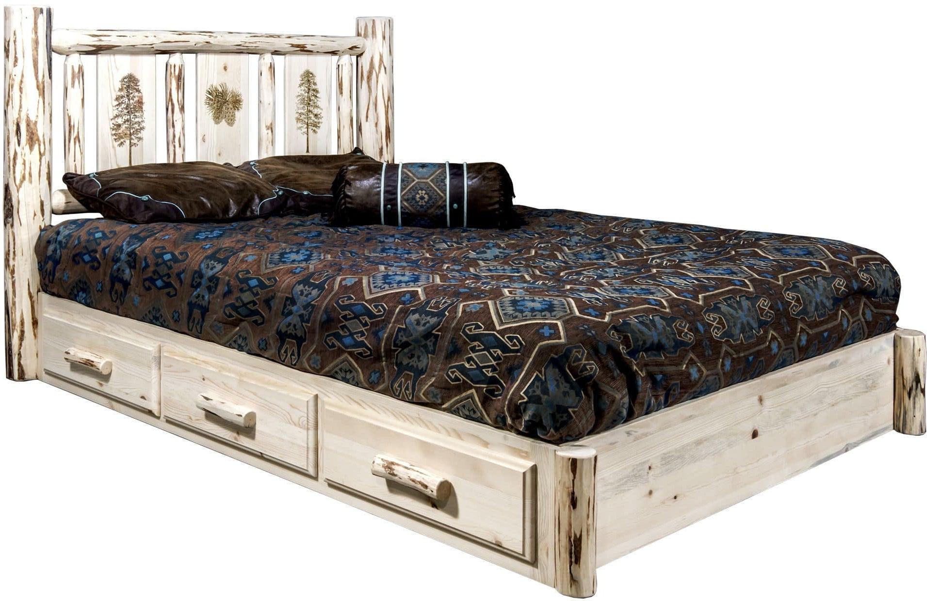 Montana Woodworks Montana Collection Full Storage Platform Bed with Laser Engraved Design - Clear Lacquer Finish-Rustic Furniture Marketplace