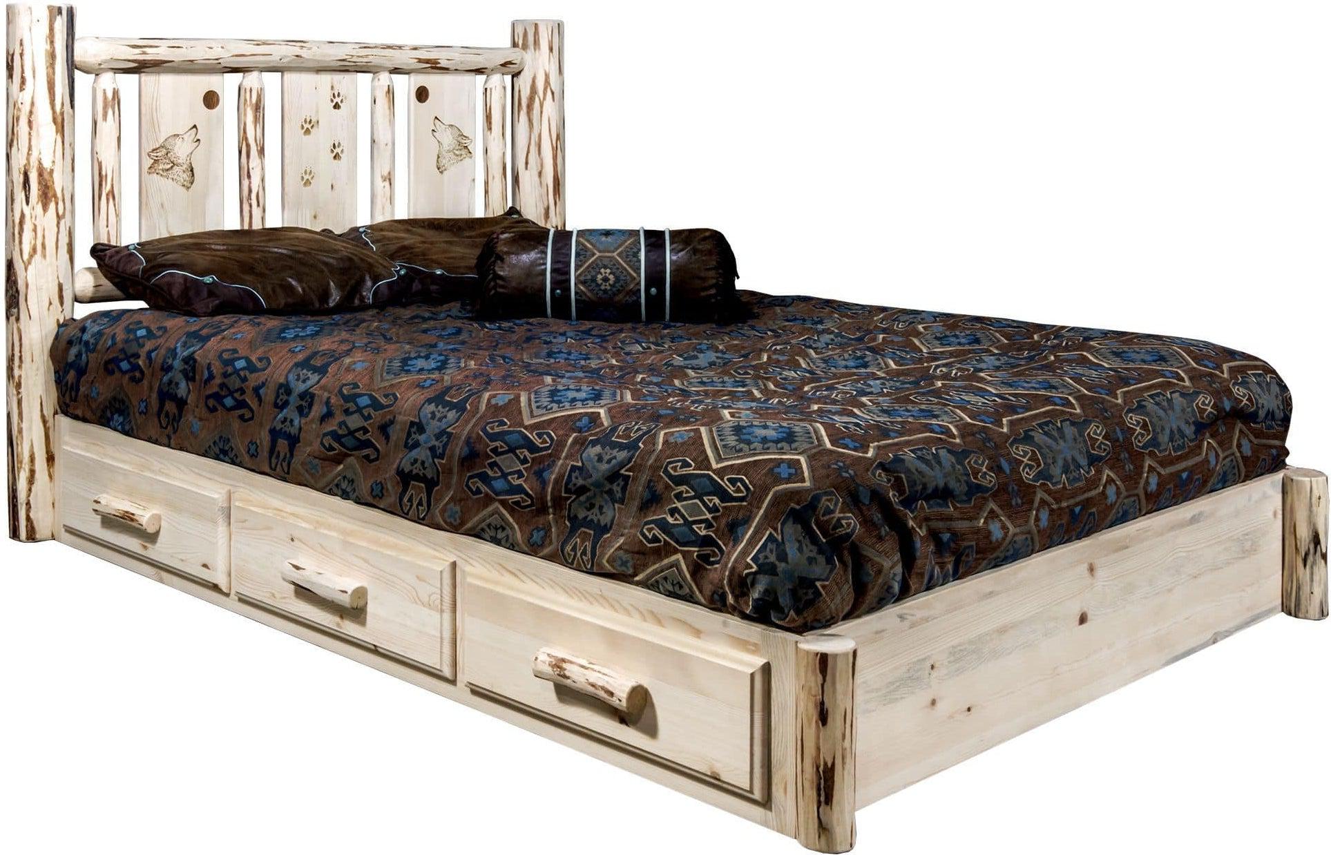 Montana Woodworks Montana Collection Full Storage Platform Bed with Laser Engraved Design - Clear Lacquer Finish-Rustic Furniture Marketplace