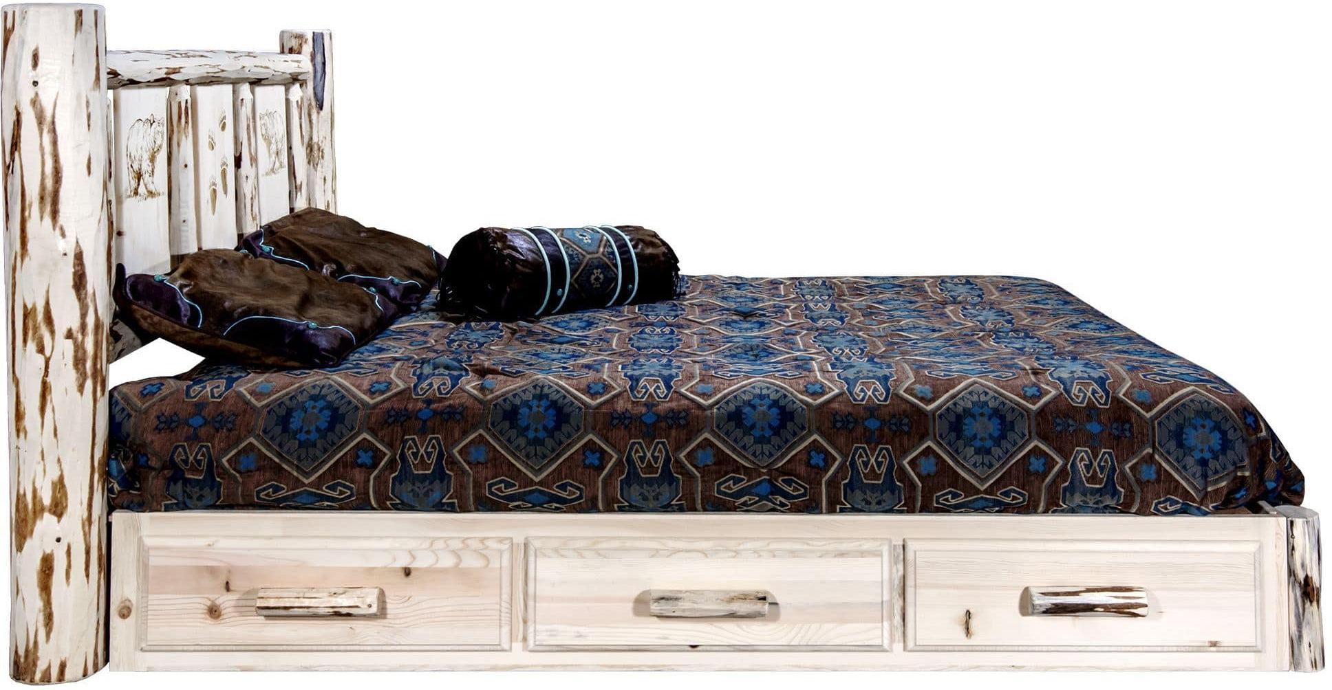 Montana Woodworks Montana Collection California King Storage Platform Bed with Laser Engraved Design - Clear Lacquer Finish-Rustic Furniture Marketplace