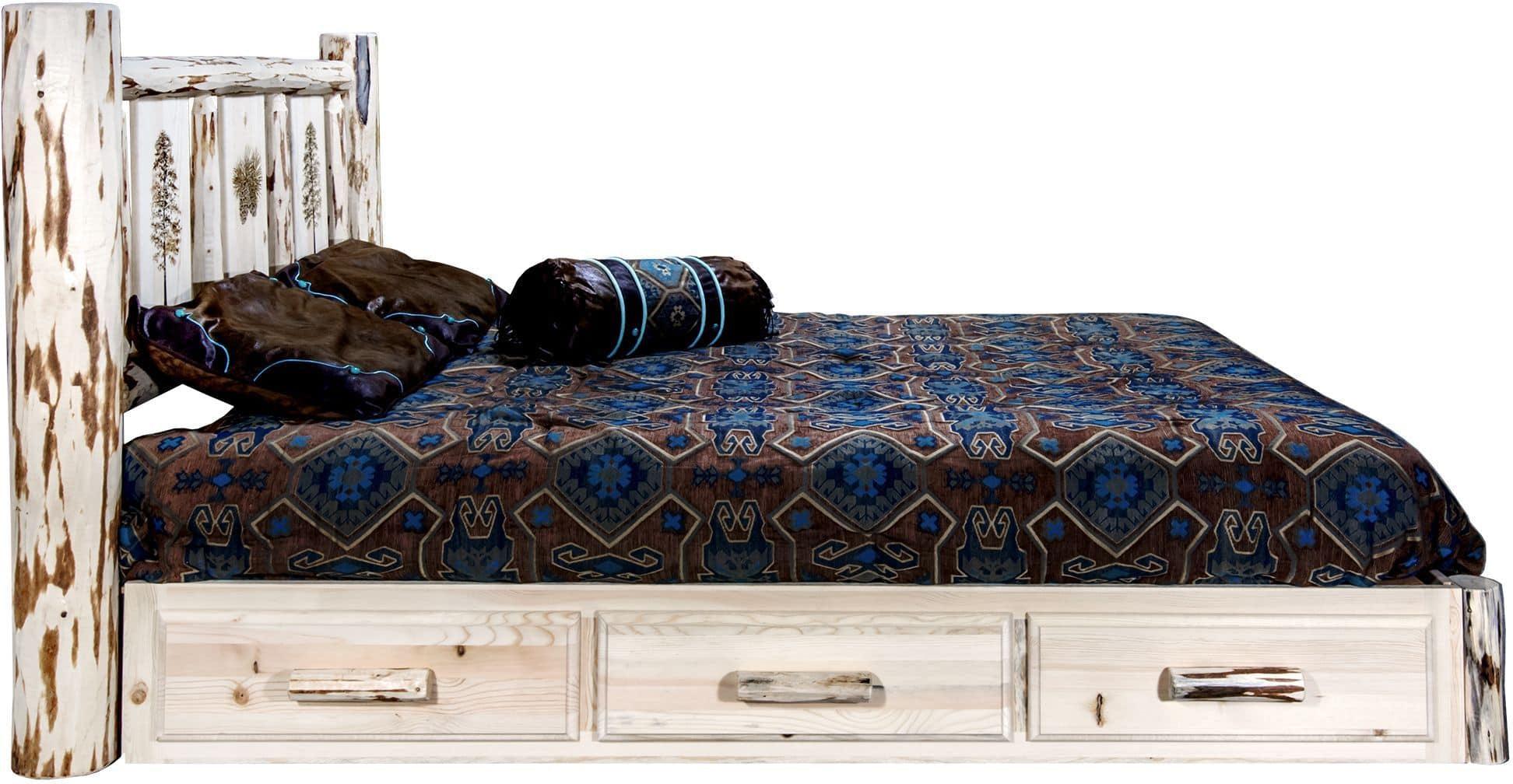 Montana Woodworks Montana Collection California King Storage Platform Bed with Laser Engraved Design - Clear Lacquer Finish-Rustic Furniture Marketplace