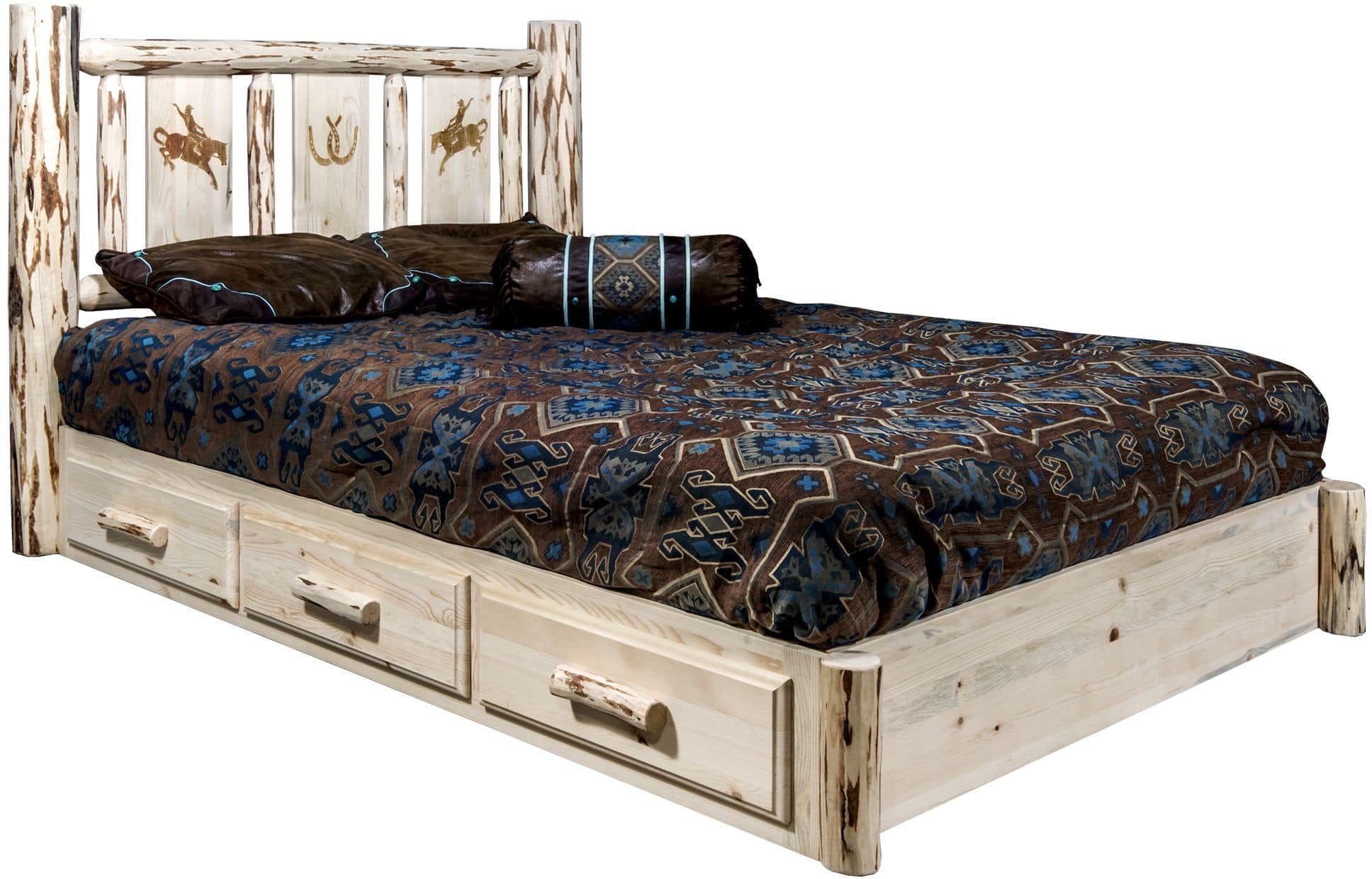 Montana Woodworks Montana Collection King Storage Platform Bed with Laser Engraved Design - Clear Lacquer Finish-Rustic Furniture Marketplace