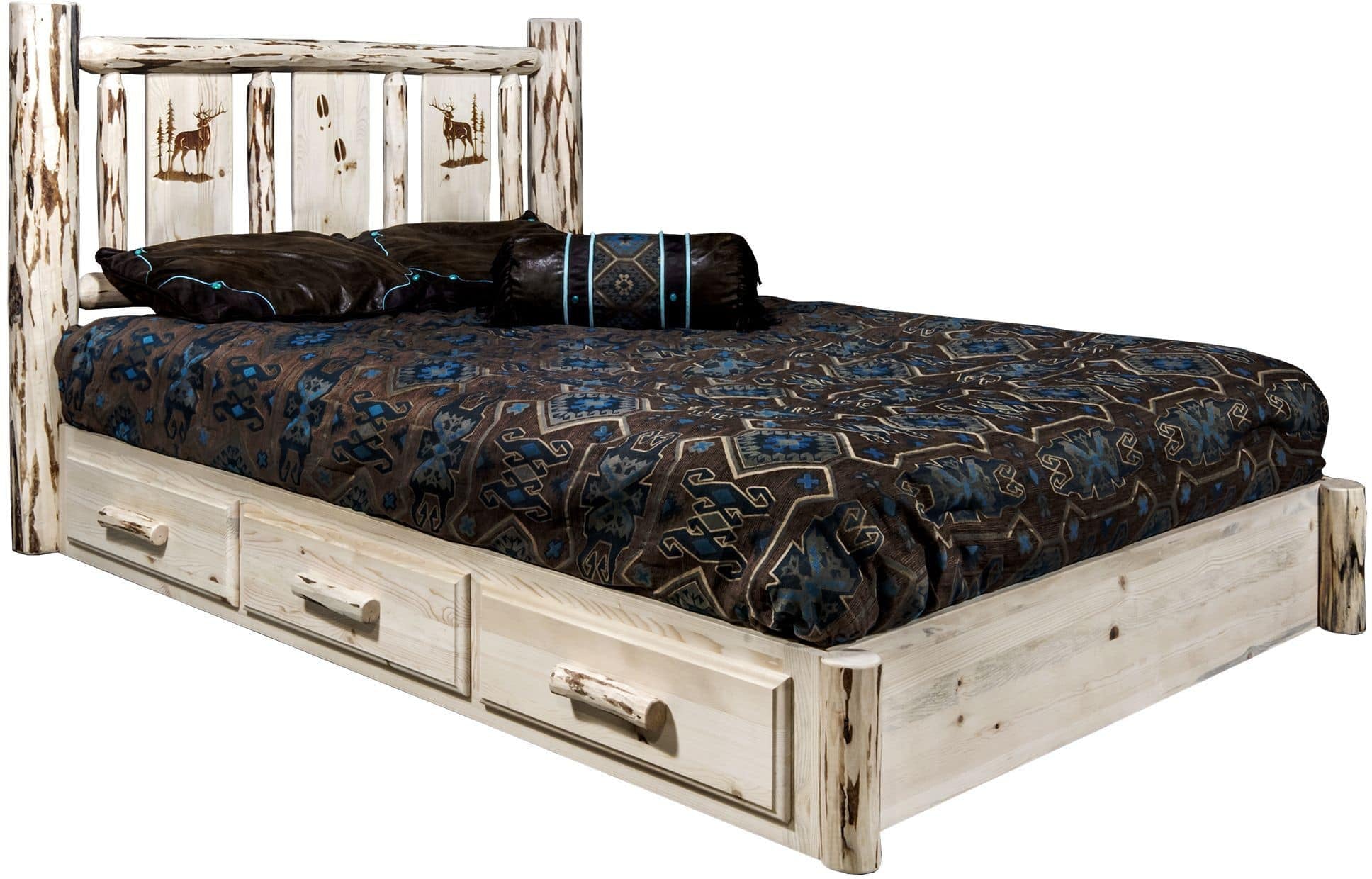 Montana Woodworks Montana Collection King Storage Platform Bed with Laser Engraved Design - Clear Lacquer Finish-Rustic Furniture Marketplace