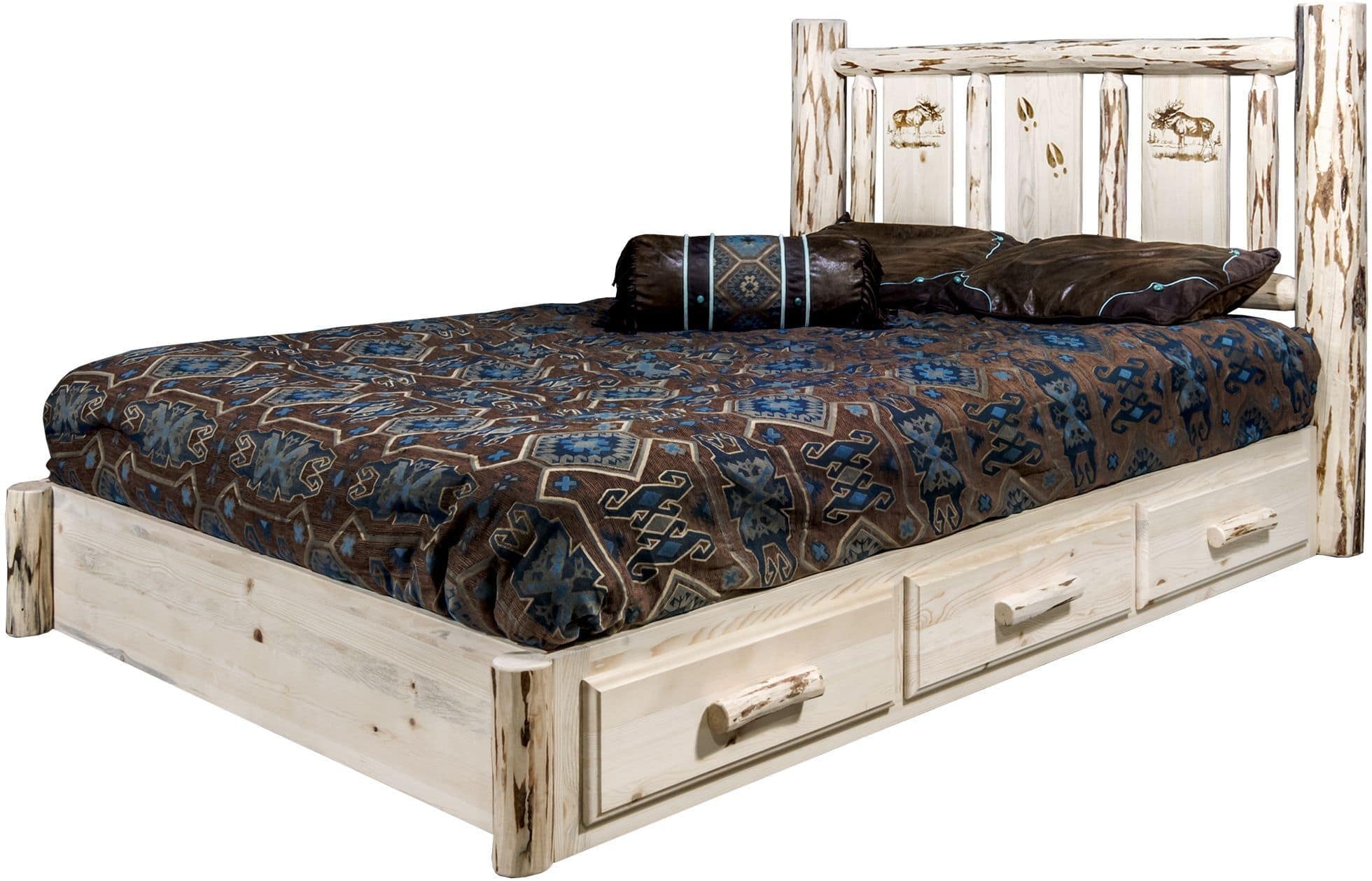 Montana Woodworks Montana Collection King Storage Platform Bed with Laser Engraved Design - Clear Lacquer Finish-Rustic Furniture Marketplace
