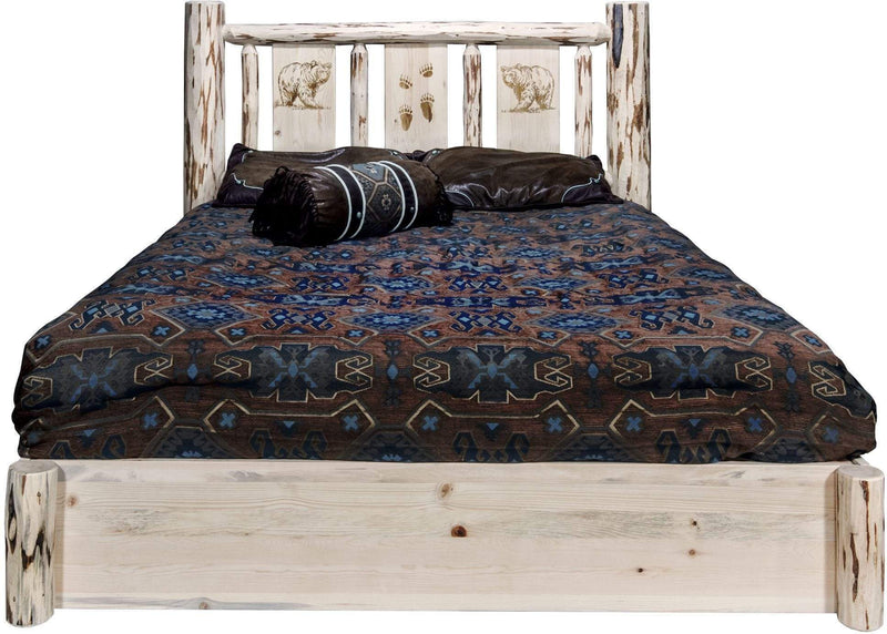Montana Woodworks Montana Collection Queen Storage Platform Bed with Laser Engraved Design - Clear Lacquer Finish-Rustic Furniture Marketplace