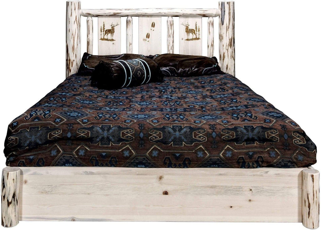 Montana Woodworks Montana Collection Queen Storage Platform Bed with Laser Engraved Design - Clear Lacquer Finish-Rustic Furniture Marketplace