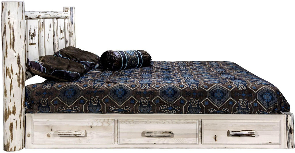 Montana Woodworks Montana Collection Queen Storage Platform Bed with Laser Engraved Design - Clear Lacquer Finish-Rustic Furniture Marketplace