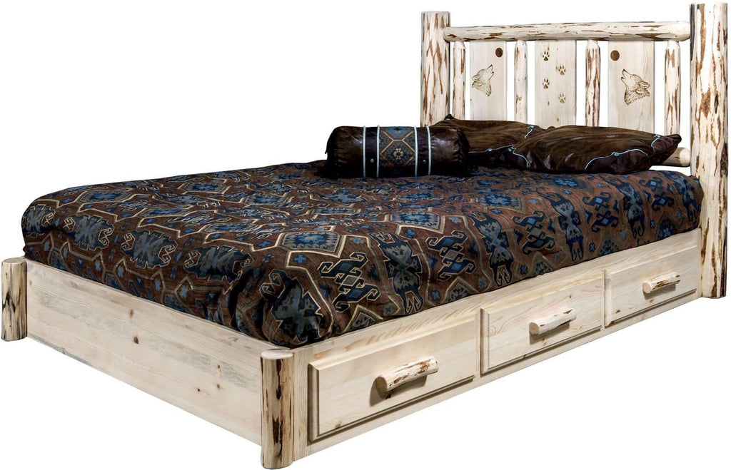 Montana Woodworks Montana Collection Queen Storage Platform Bed with Laser Engraved Design - Clear Lacquer Finish-Rustic Furniture Marketplace