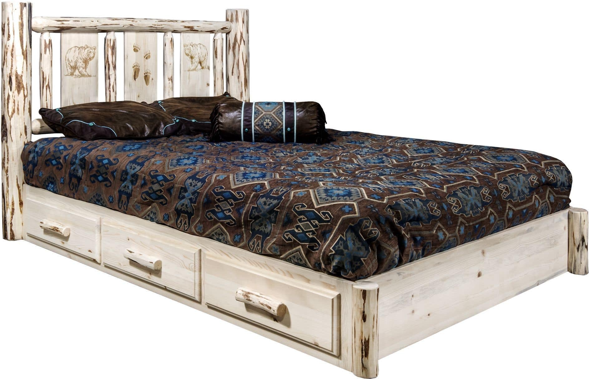 Montana Woodworks Montana Collection Queen Storage Platform Bed with Laser Engraved Design - Clear Lacquer Finish-Rustic Furniture Marketplace