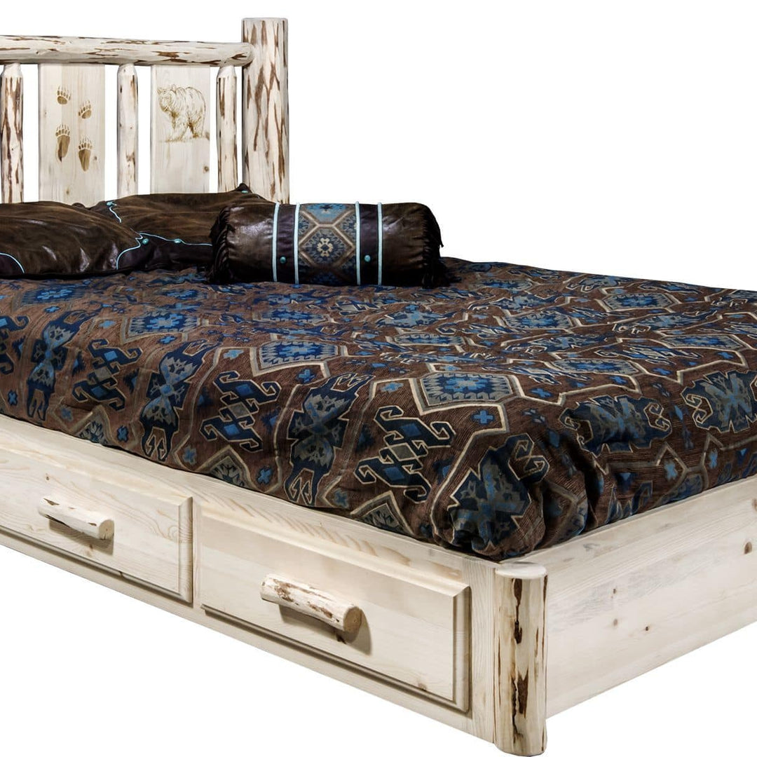 Montana Woodworks Montana Collection Twin Storage Platform Bed with Laser Engraved Design - Ready to Finish-Rustic Furniture Marketplace